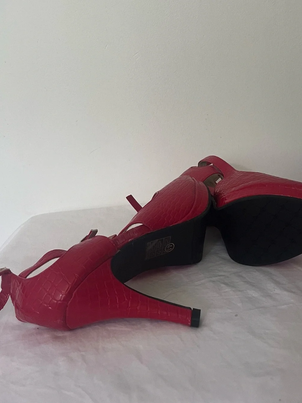 Red Faux-Croc Peep-Toe Ankle Strap Heels